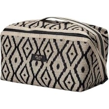 Orevio Bohem Desenli Büyük Makyaj ve Saç Düzleştirici Çantası 38X16X16 cm Siyah-Bej Fermuarlı Organizer