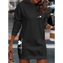 Nigrum Pardus Nıgrum Pardus Kapüşonlu Kalp Atışı Baskılı %100 Pamuk 2 Iplik Şardonlu Kışlık Kadın Spor Hoodie Elbise