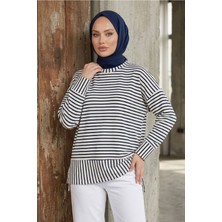 Modestim Kadın Çizgili Oysho Kumaş Rahat Kalıp Trend Tesettür Tunik Lacivert
