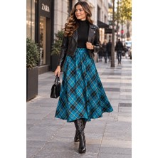 Seldağ Moda Italyan Ekose Şanel Kumaş Boy 76 cm Beli Lastikli Kloş Etek
