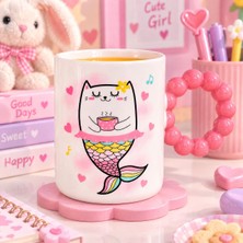 Decoform Kedi Desenli Porselen Renkli Boncuklu Kupa Bardak,çocuk Kupa Bardağı,sevimli Kulplu Bardak 400ML
