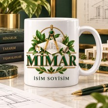 Mimar Kupa Bardak Yeşil Yapraklı Pergel ve Plan Desenli