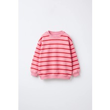 Magu Kız Çocuk Pembe Oversize Çizgili Sweatshirt