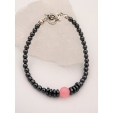 Pembe Kuvars Hematit Taşlı Şifa Bilekliği - Gri - Stoneage
