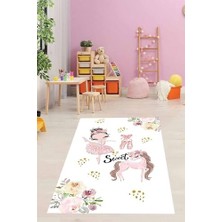 Orevio Balerin Prenses Unicorn Desenli Dijital Baskılı, Yıkanabilir Kaymaz Tabanlı Çocuk Odası Halısı, Pembe-Beyaz, 120 x 200