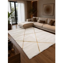 Gold Detaylı Ekru Peluş Halı