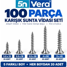 5n Vera 100 Parça Sunta Vidası Seti | Ahşap Vidası | Yhb Yıldız Havşa Başlı | Ph2 Uyumlu | 3.5X13 3.5X16 3.5X30 4X50 5X45