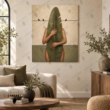 Gaagart Tekli Dikey Kanvas Tablo Dijital Baskı Muz Yaprağıyla Kadın Figürü ve Kuşlar Modern Bohem Salon Tablosu