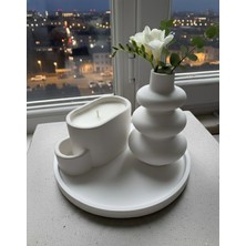 Ferdali Modern Minimalist Beyaz Beton Dekoratif Obje ve Mum Seti (3\'lü)