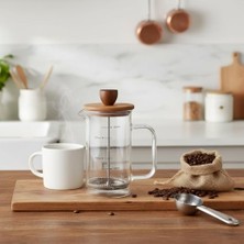 Orevio Akasya Ahşap Kapaklı Borosilikat Cam French Press - Ölçü Çizgili Kahve ve Çay Demliği (350 ml ve 600 ml Boy Seçenekli) (300 Ml)
