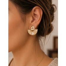 Kadın Gold Çelik Bej Sedef Görünümlü Kristal Taşlı Geometrik Trend Takı Küpe Aksesuar Modelleri Paslanmaz Çelik Nikel Içermez Alerji Yapmaz