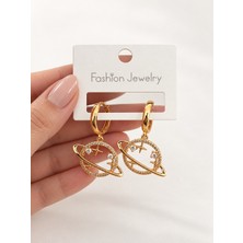 Bartuva Design Taşlı Satürn Gezegen ve Yıldız Figürlü Gold Sallantılı Kadın Küpe