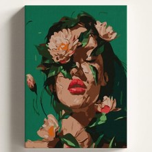 Orevio Sayılarla Boyama Tuval Hobi Seti Yeşil Çiçek Kadın Temalı Fırça ve Boya Dahil Set (Çıtalı) 40X50 cm Kendin Yap Sayılarla Tuval Boya Kiti (Kasnaklı)