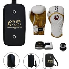 Orevio Dragondo Tepito Boks Eldiveni; Kick Boks Muay Thai, 14 Oz, Beyaz/altın, 3'lü Set ve Taşıma Çantalı