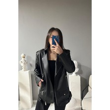 Prifaldi Uzun Oversize  Kadın Siyah Deri Ceket