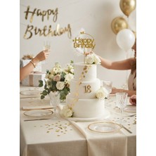 Party Time Lüks Beyaz Tüylü ve Gliter Detaylı Gold Çember "happy Birthday" Pasta Süsü (Cake Topper)