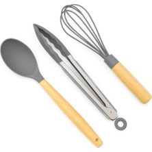 Orevio 3'lü Silikon Mutfak Gereçleri Seti – Gri, Siyah, Kırmızı, Mavi ve Beyaz Renk Seçenekleri, Isıya Dayanıklı Silikon ve Ahşap Sap