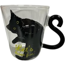 Prime Kedi Desenli Cam Kupa, Siyah Kedi Tasarımlı, Kedi Kuyruklu Kulp, 250 Ml, 9 cm Yükseklik