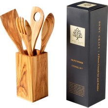 Orevio Zeytin Ağacı El Yapımı 5 Parça Mutfak Seti, Ahşap Kutu, Kaşık, Çatal, Spatula, Delikli Spatula, 30 cm