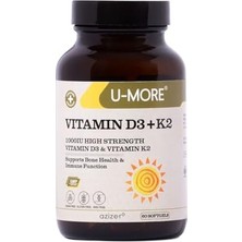 Orevio 1000 Iu Yüksek Güçlü D3 Vitamini ve K2 Vitamini (Menaquinone 7); Şeker, Gluten, Gdo Içermez, Güçlü Kemikler ve Bağışıklık Için Günlük Takviye, 60 Softjel