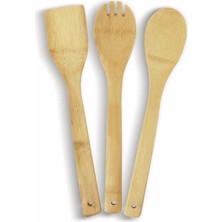 Prime Pişirme Kaşığı Bambu 3 Parça Spatula Ahşap Çatal, Mutfak Yardımcısı 30 cm