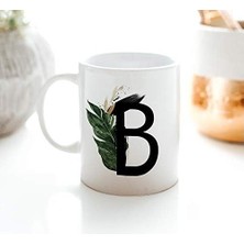 Prime B Harfi Baskılı Çiçek Desenli Dekoratif Baş Harf Baskılı Kupa Bardak B Harfli Kahve Bardağı