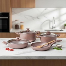 Argos 7 Parça Tencere ve Tava Seti - Pembe Kırçıl Renkli Yanmaz Yapışmaz Çeyiz Paketi Cam Kapaklı (20/24/26 cm Tencere + 26 cm Tava)