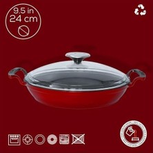 Prime Döküm Yuvarlak Sahan Cam Kapaklı Döküm Demir Yekpare Çift Kulplu ÇAP(Ø)24CM. Kırmızı