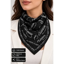 Herşey Nota Atatürk Imza Desenli Siyah Pamuk Fular 52X52 cm Çok Amaçlı Bandana (Okul, Etkinlik, Tören, Gösteri)