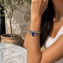 Stainles Steel Zirkon Taşlı Parlament Mavi Damla Detaylı Charm Çelik Bileklik