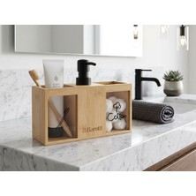 Doğal Bambu Sıvı Sabunluklu Banyo Düzenleyici Organizer Set - Şeffaf Bölmeli Diş Fırçalık & Pamukluk Standı