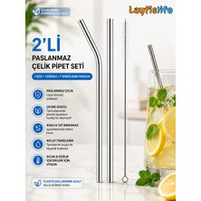 Layfislife Paslanmaz Çelik 2’li Pipet Seti 21 cm 1 Düz 1 Eğimli Pipet + Temizleme Fırçası