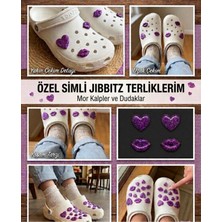 Temungur Mor Simli Kalp & Dudak Jibbitz Charm 4’lü Set – Terlik Süsü, Parlak Glitter Terlik Aksesuarı