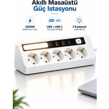 Raylax Akıllı Masaüstü Güç Istasyonu 2500W 5'li Priz 2 Usb-A + 1 Usb-C Hızlı Şarj 3 Kademeli LED Aydınlatma 2 Metre Kablo