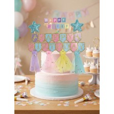 Happy Party Gold Yıldızlı ve Tüllü Prenses Konseptli "happy Birthday" Pasta Süsü (Cake Topper)