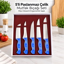 Mio Fiore 5'li Paslanmaz Çelik Mutfak Bıçağı Seti – Mavi Desenli