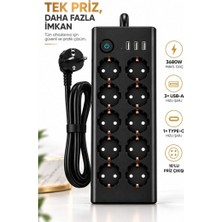 Raylax 10’lu Akım Korumalı Priz 3680W 3 Usb-A + 1 Type-C Hızlı Şarj 2 Metre Kablo