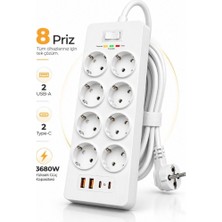 Raylax 8 Prizli Çoklu Priz 3680W | 2 Usb-A + 2 Type-C | Akım Korumalı Güç Dağıtıcı