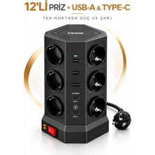 Raylax 12’li Priz Çoklu Akım Korumalı Uzatma Kulesi 3 Usb-A 2 Usb-C PD20W 3680W 2 Metre