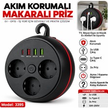 Atlt Atlantis Akım Korumalı Makaralı Priz 2 Metre Kablo 3x USB Çıkışı 1x Typ-C 3x Priz Açma Kapama Düğmesi 100-250V Ev Ofis