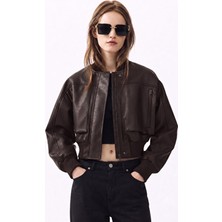 Prifaldi Oversize Bomber Fermuarlı Çift Cepli Ribanalı Acıkahve Deri Ceket