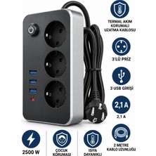 Atlt Atlantis Termal Akım Korumalı Uzatma Kablosu 2 Metre Kablolu 3 Lü Priz 3 USB Giriş 2.1 A Isıya Dayanıklı Çocuk Koruması 2500WATT Ev Ofis