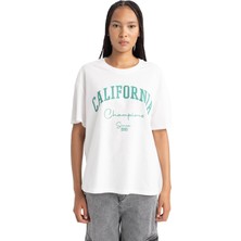 Defacto, Oversize Fit Bisiklet Yaka Kısa Kollu Tişört, Kadın, Ekrü, M