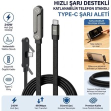 sbodurhome 240W Hızlı Şarj Destekli Katlanabilir Telefon Standlı Örgülü Type-C To Type-C Şarj Kablosu
