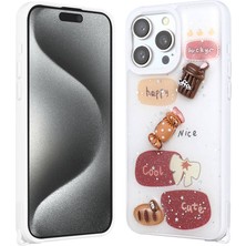 Lexroo iPhone 15 Pro Max Kılıf Parlayan Simli Kabartma Figürlü Cevze Kılıf - Beyaz