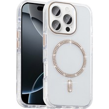 Lexroo iPhone 15 Pro Max Kılıf Taşlı Tasarım M-Safe Şarj Özellikli Koment Silikon Kılıf - Gold