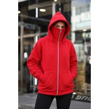 Beruflic Maskeli Ninja Model Çift Kapüşonlu 3 Iplik Şardonlu Fermuarlı Oversize Sweatshirt - Kırmızı