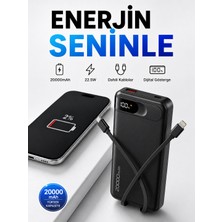 Moxti 20000 Mah Powerbank 22.5W Hızlı Şarjlı Dahili Kablolu Dijital Ekranlı Yüksek Kapasiteli Taşınabilir Şarj Aleti