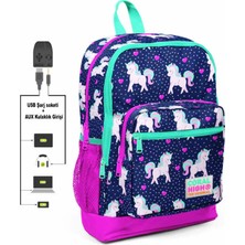 Carol High Kids Unicorn Desenli USB Şarjlı Kulaklık Çıkışlı Sırt Çantası 232708692182232700