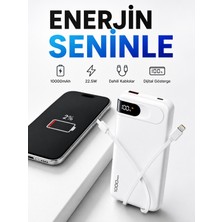 Moxti 10000 Mah Hızlı Şarj Powerbank 22.5W Dahili Type-C ve Lightning Kablolu Dijital Ekranlı